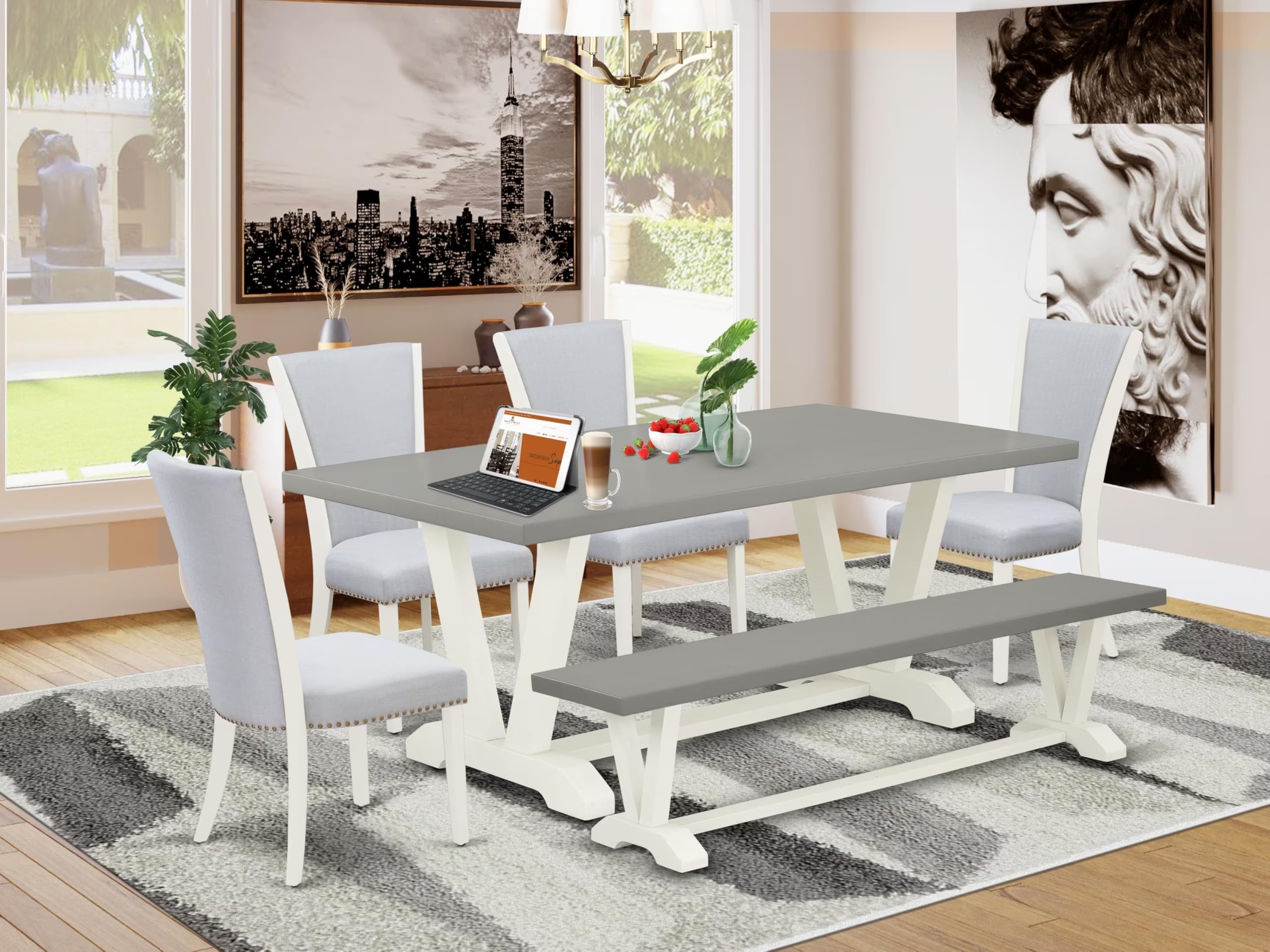 East West Furniture V097VE005-6 6 Piece Kitchen Table Set Contains a Rectangle Dining Table with V-Legs and 4 Grey Linen Fabric Upholstered Chairs with a Bench, 40x72 Inch, Multi-Color